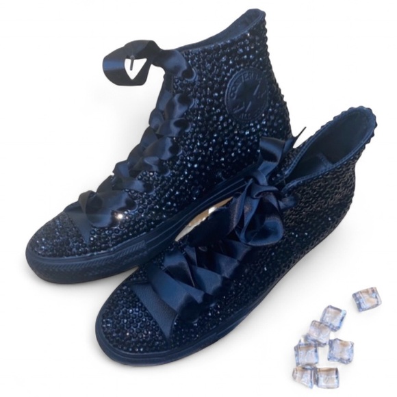 Jet Black Crystal High Top Converse Sizes 5-14 New In Box With Ribbon Laces - Picture 4 of 14